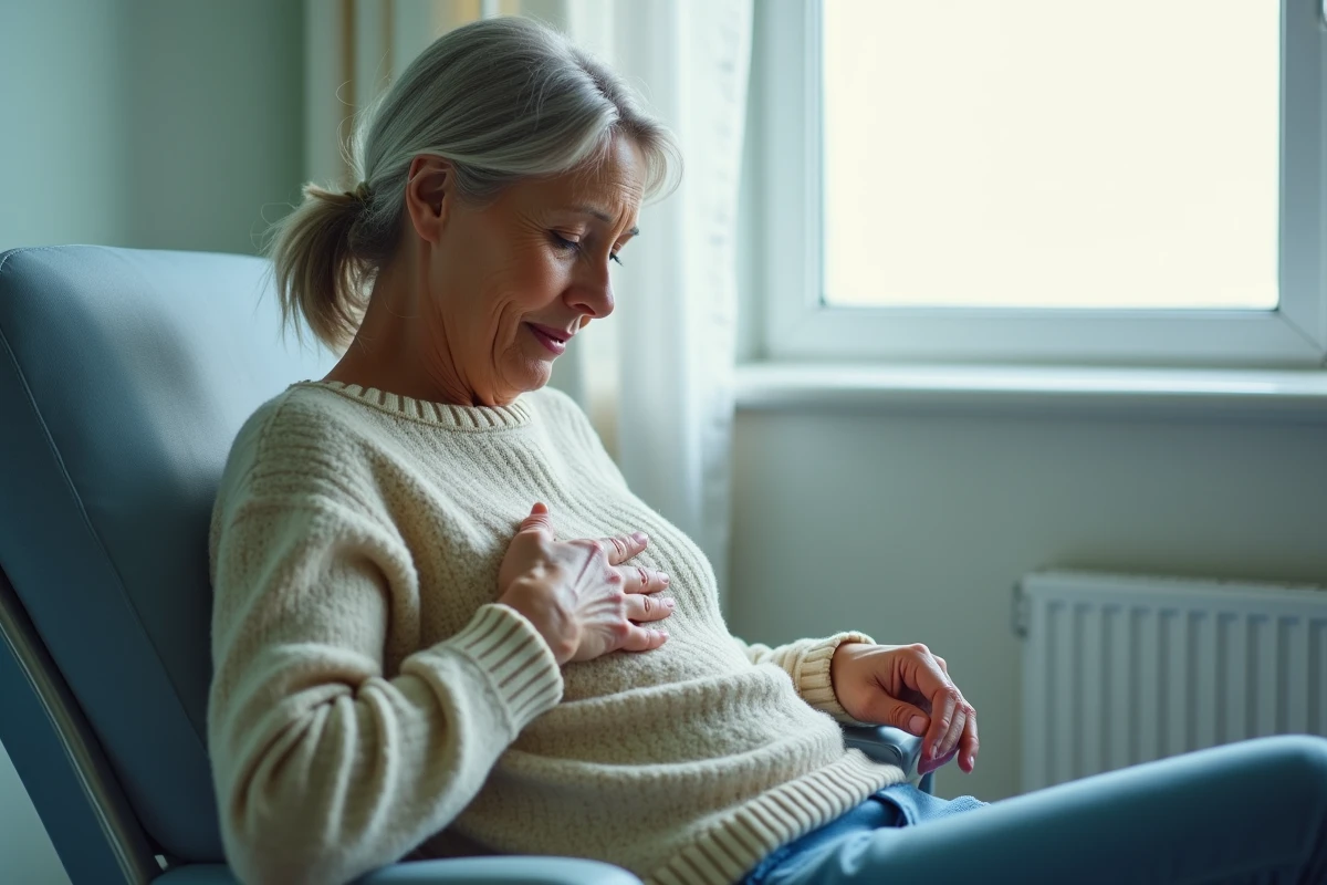 Femme d'âge moyen avec port à cath dans un contexte hospitalier