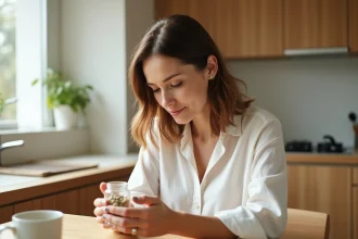 Femme tenant un flacon de probiotiques dans une cuisine moderne en bois, illustrant le choix d'un probiotique pour estomac sensible
