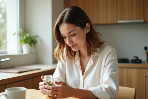 Femme tenant un flacon de probiotiques dans une cuisine moderne en bois, illustrant le choix d'un probiotique pour estomac sensible