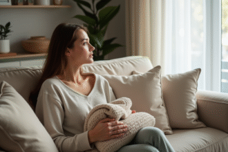 Femme assise sur un canapé beige dans un salon calme