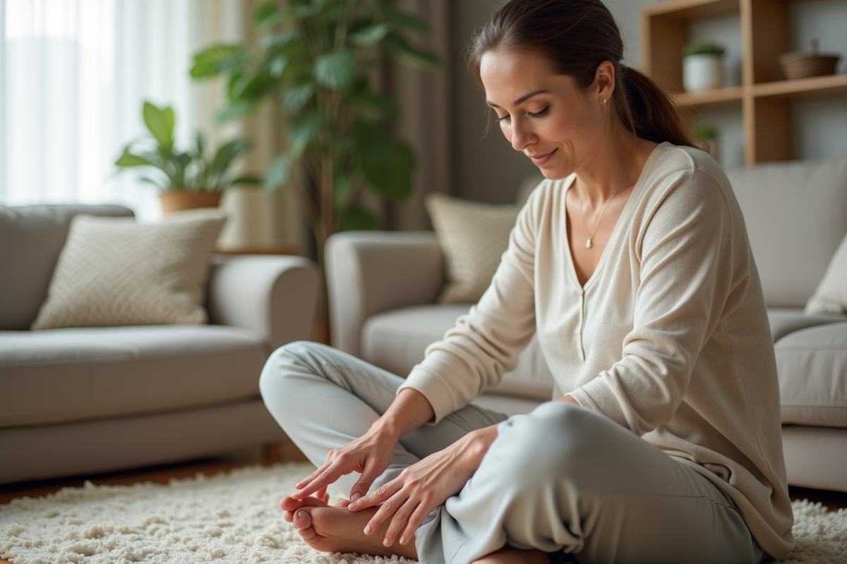Femme assise en détente pressant un point de réflexologie