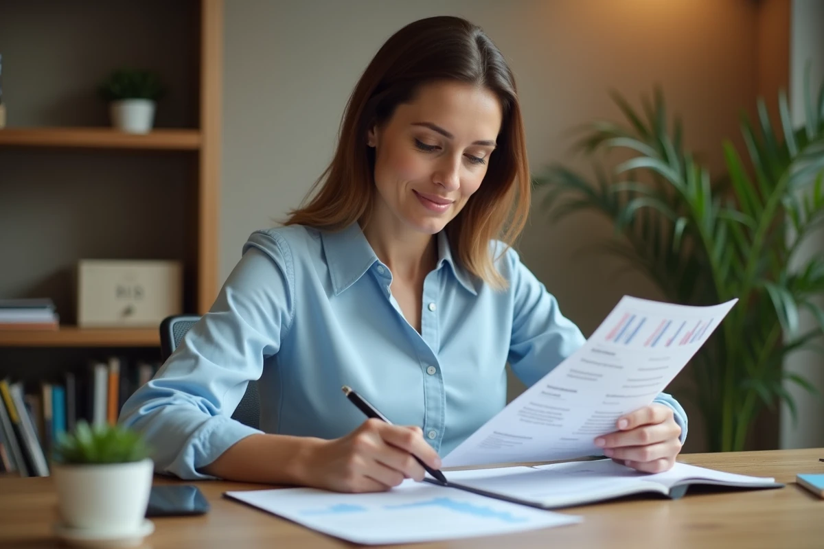 Femme consultant ses documents de remboursement santé Groupama Sévéane à son bureau à domicile