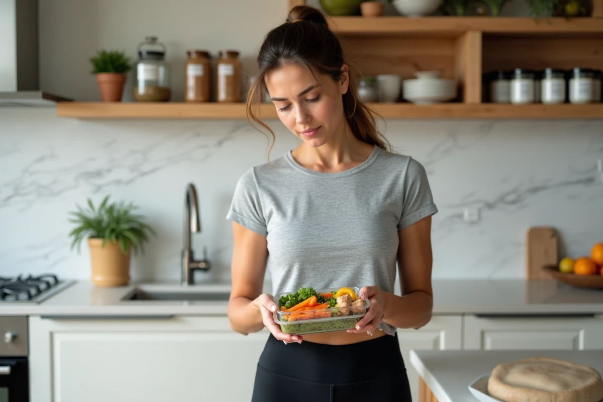 Femme tenant un repas équilibré issu d'un programme RegimeBox dans une cuisine moderne