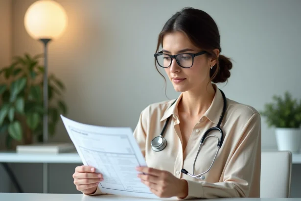 Femme tenant une prise de sang avec résultat TCMH bas dans un cabinet médical moderne, expression calme et rassurée