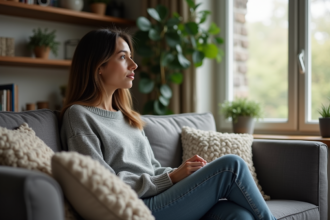 Femme assise sur un canapé dans un salon intime et chaleureux