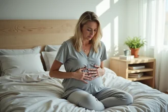 Femme en loungewear dans une chambre lumineuse