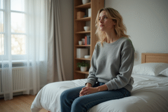 Femme en intérieur dans une chambre confortable et lumineuse