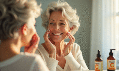 Femme senior appliquant un serum visage devant miroir lumineux