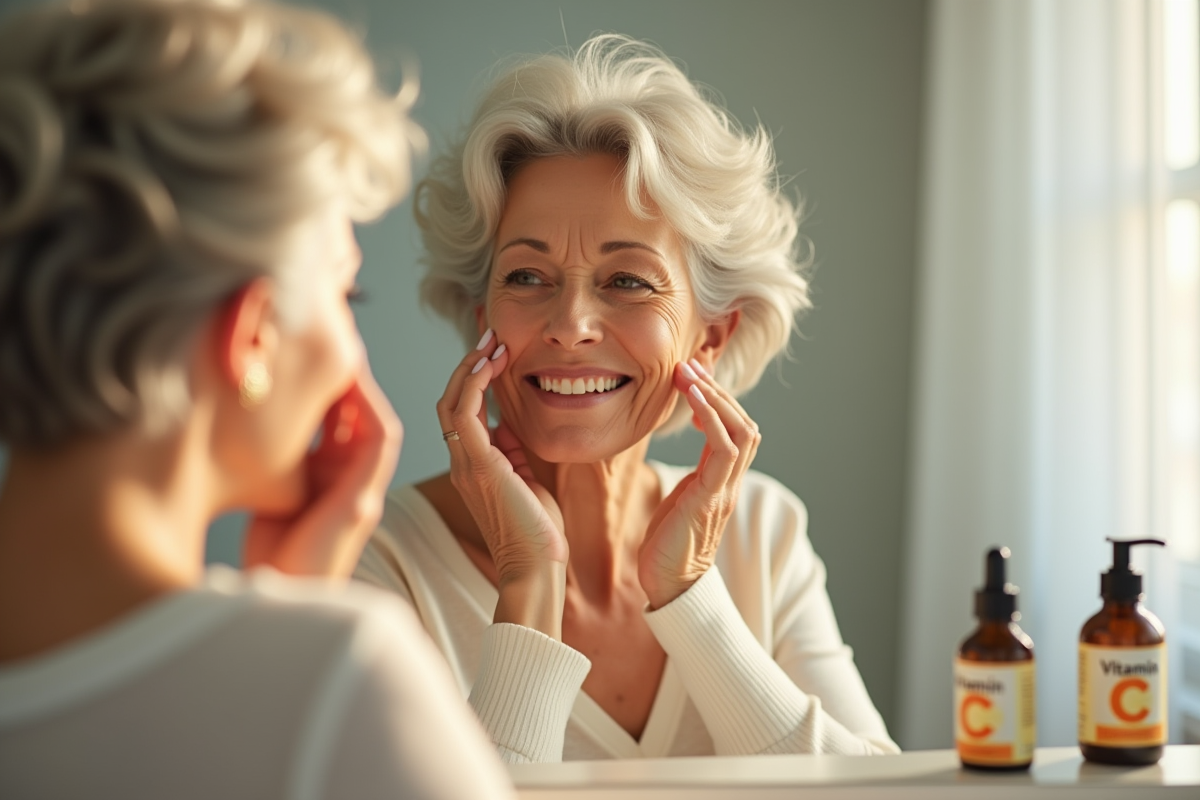 Femme senior appliquant un serum visage devant miroir lumineux