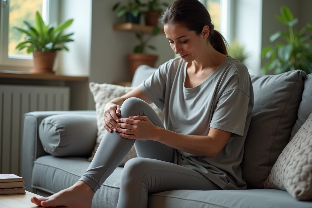Femme assise sur un canapé touchant son genou gonfle