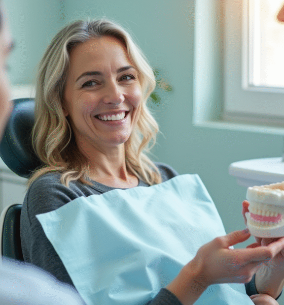 Femme souriante dans une clinique dentaire avec un implant