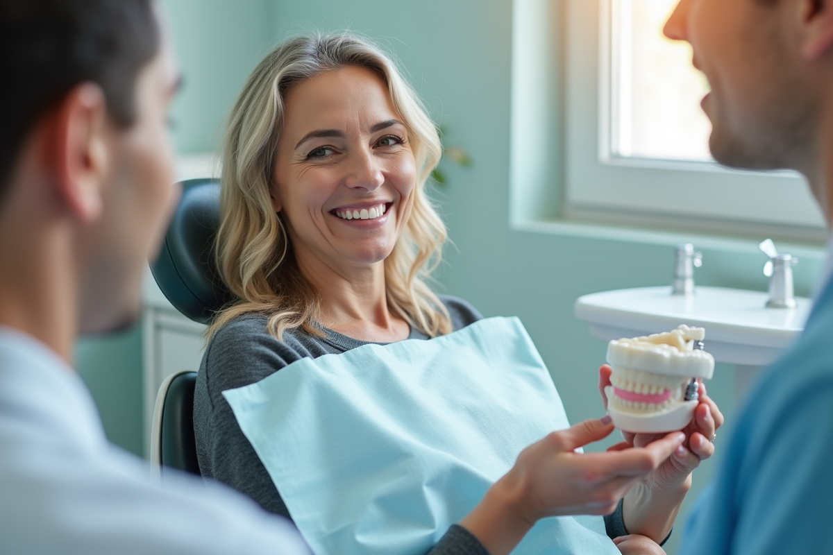 Femme souriante dans une clinique dentaire avec un implant