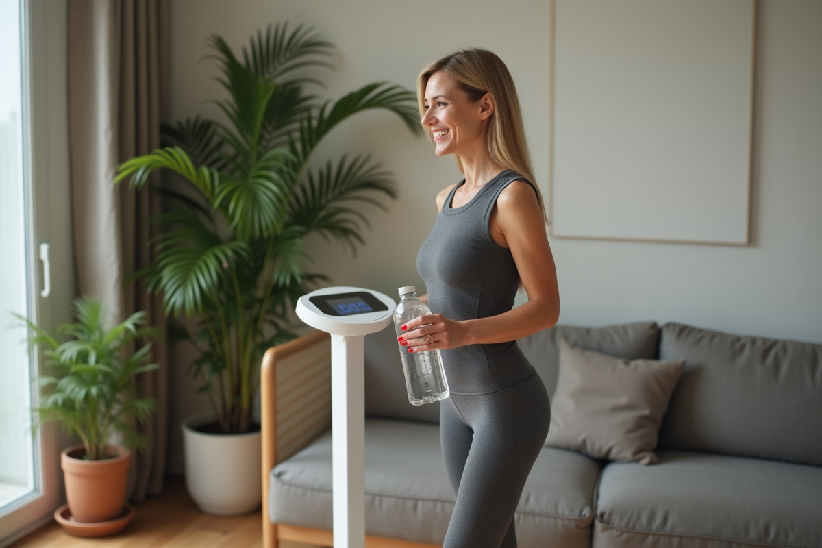 Femme sportive souriante avec balance numérique dans un salon