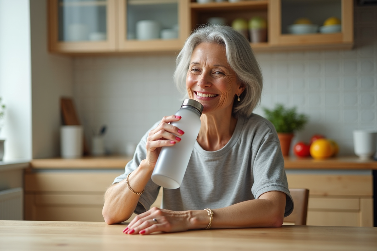 Femme souriante buvant de l'eau dans une cuisine moderne