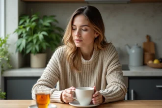Femme en intérieur sirotant une tisane dans une cuisine chaleureuse