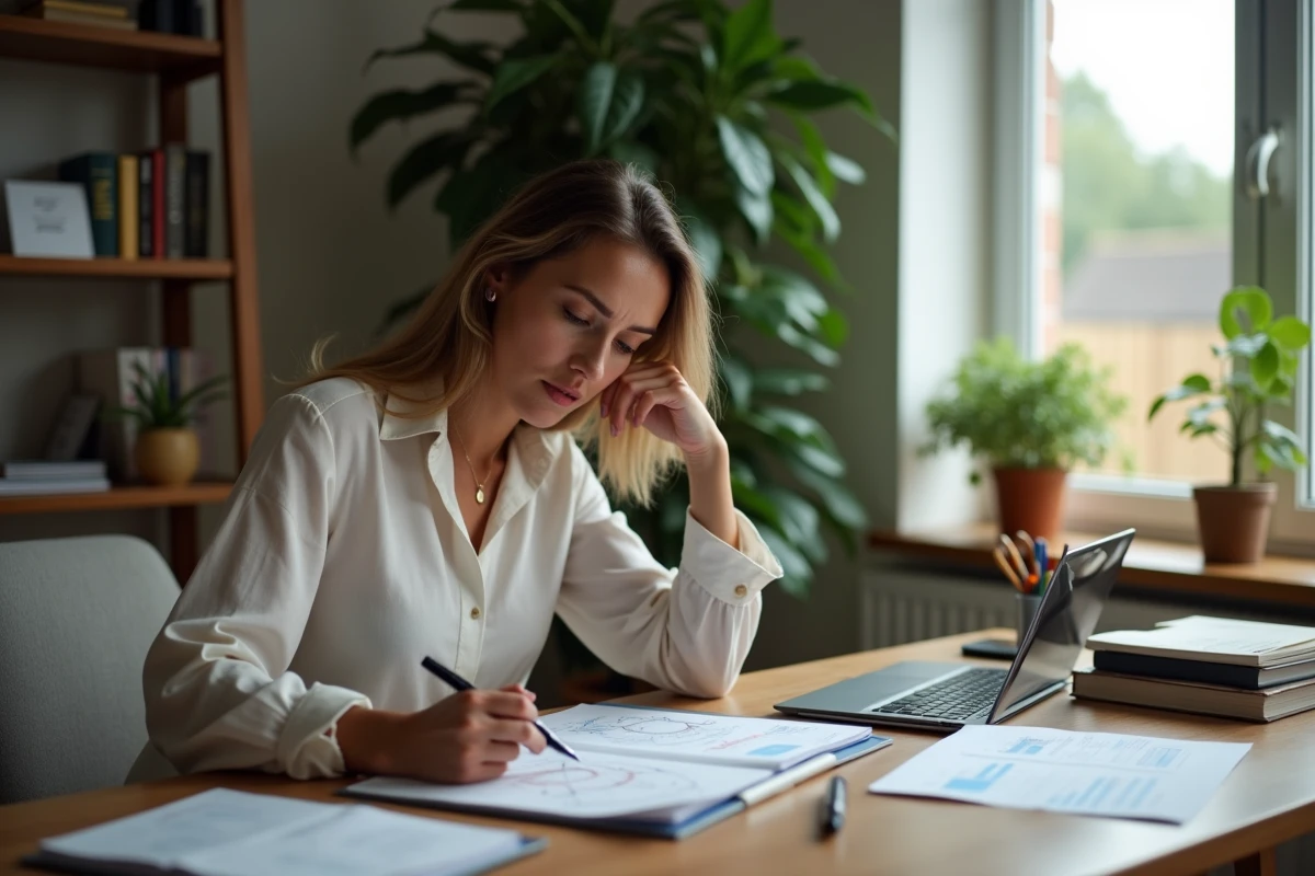 Femme concentrée travaillant sur un tableau digital dans un bureau cosy