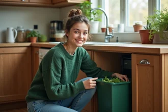 Jeune femme trie ses déchets dans la cuisine écologique