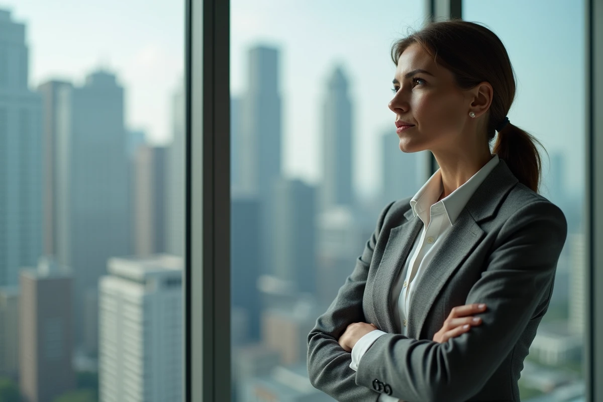 Femme confiante regardant la ville depuis une fenêtre moderne