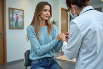 Jeune femme se faisant vacciner dans une clinique moderne