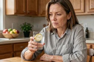 Femme tenant un verre d'eau pétillante au citron dans une cuisine naturelle, symbolisant un mois sans alcool et une démarche de santé hépatique