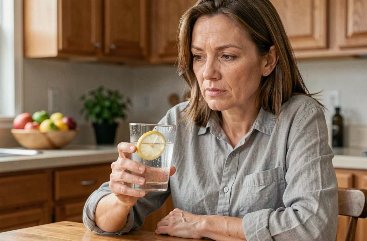 Femme tenant un verre d'eau pétillante au citron dans une cuisine naturelle, symbolisant un mois sans alcool et une démarche de santé hépatique
