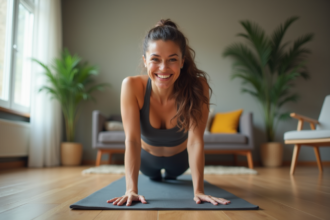 Femme faisant une planche latérale dans un salon lumineux
