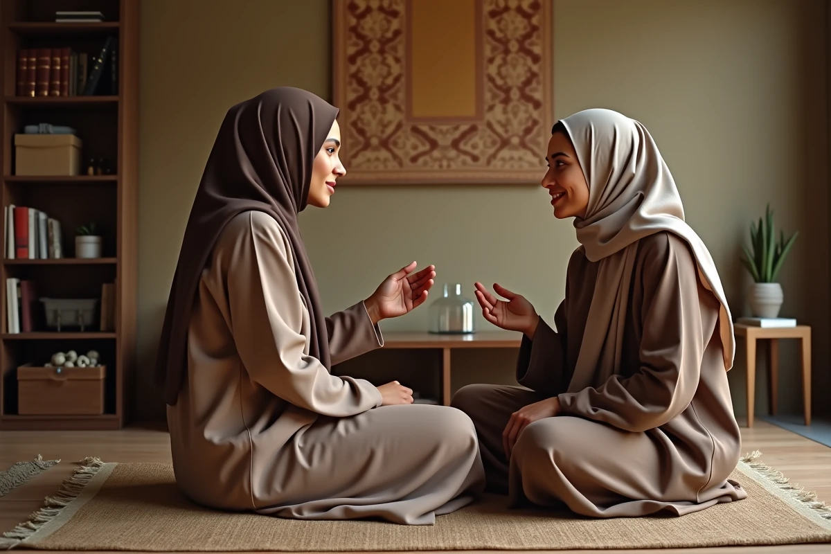 Deux femmes muslimanes discutant des règles de la grande ablution et de la position des cheveux détachés