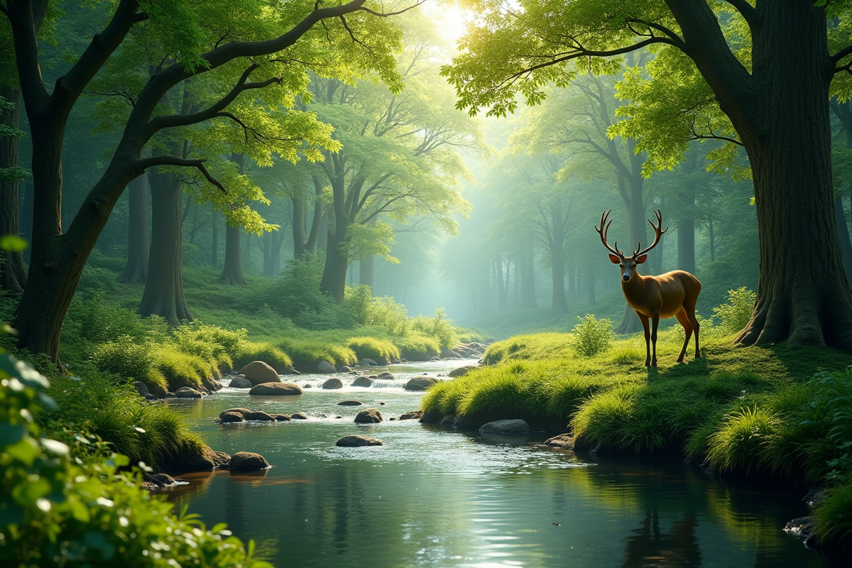 Forêt paisible avec ruisseau et animaux sauvages