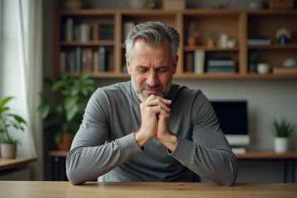 Homme ressentant des fourmillements dans les mains assis à son bureau, expression de gêne visible