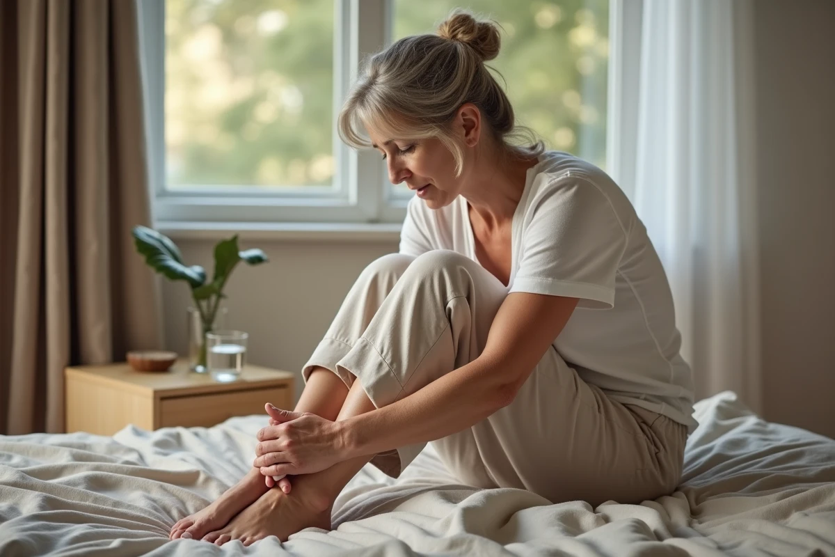 Femme massant son pied endolori par des fourmillements liés à un problème de dos, assise sur son lit