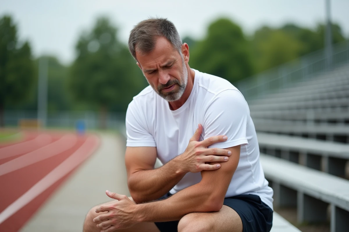 Homme massant son avant-bras après une séance de course à pied à l'extérieur, ressentant des fourmillements