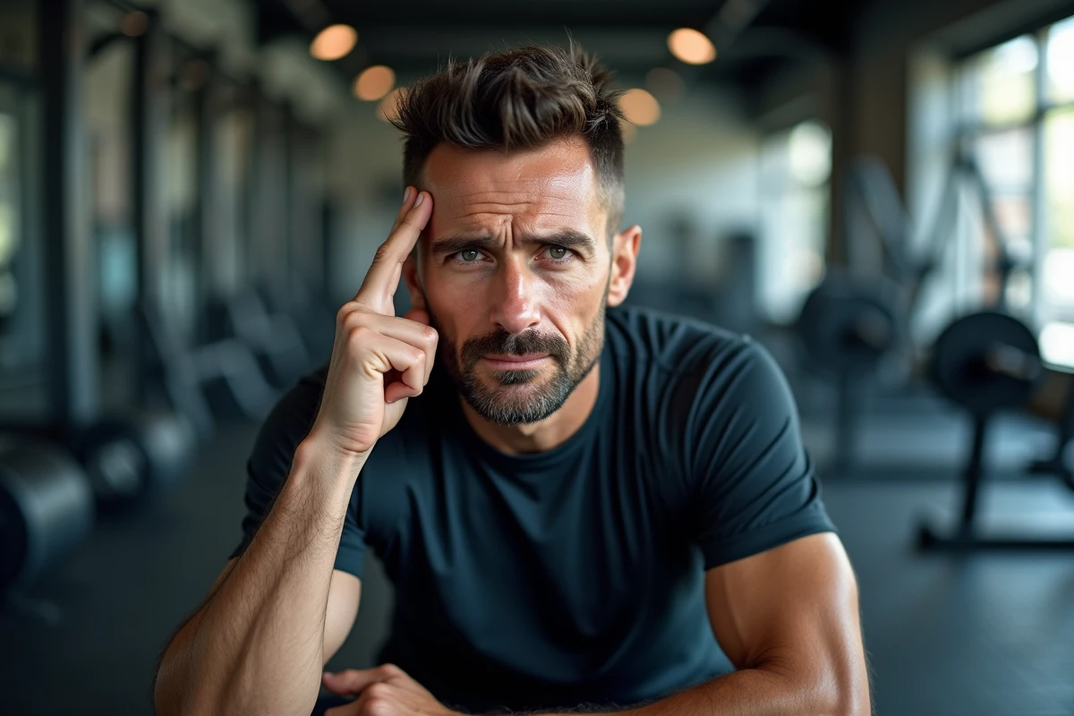 Homme assis sur un banc de musculation après l'effort, main sur la tempe, ressentant des fourmillements dans la tête après le sport
