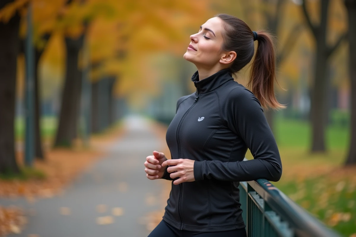 Femme coureuse appuyée sur une rambarde de parc les yeux fermés, ressentant des fourmis dans la tête après un jogging en extérieur