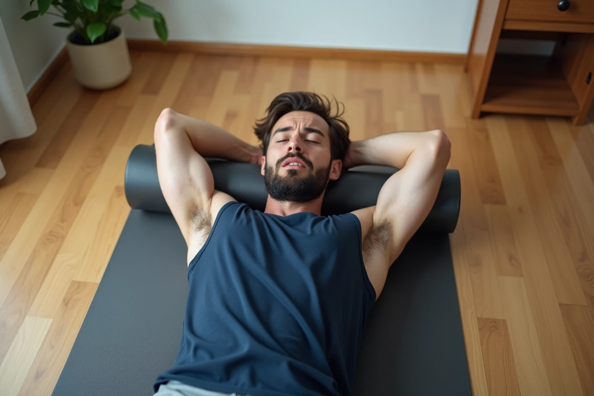 Homme allongé sur un tapis de yoga à la maison, bras étirés, ressentant des fourmis dans les bras après l'effort