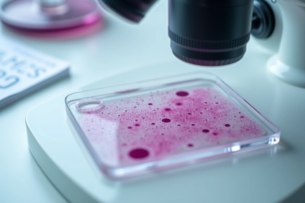 Frottis sanguin au microscope montrant des monocytes et globules blancs dans le cadre d'une analyse hématologique