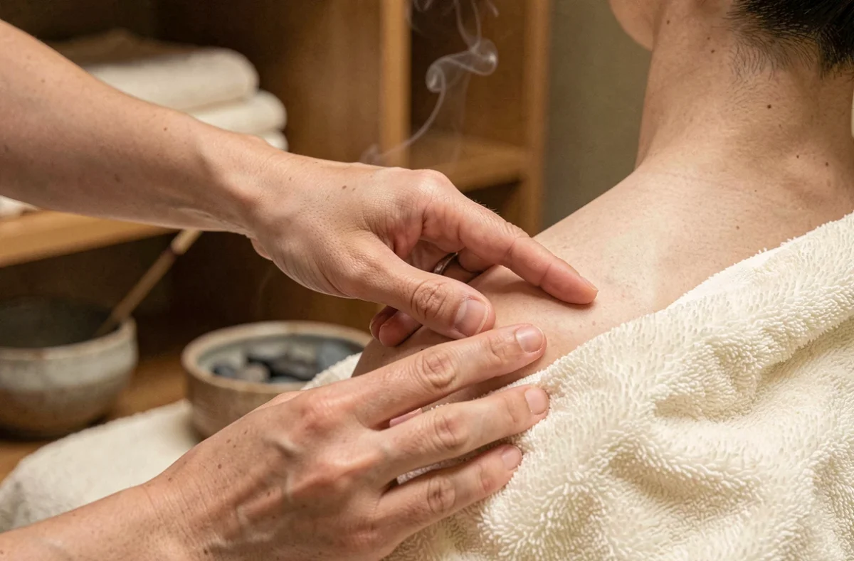 Gros plan des mains d'un thérapeute appliquant une pression shiatsu sur l'épaule d'un client lors d'un massage japonais