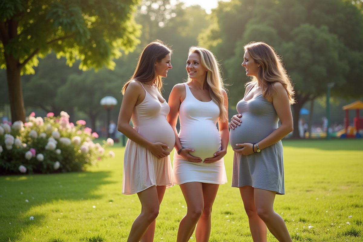 Trois femmes enceintes discutant dans un parc verdoyant