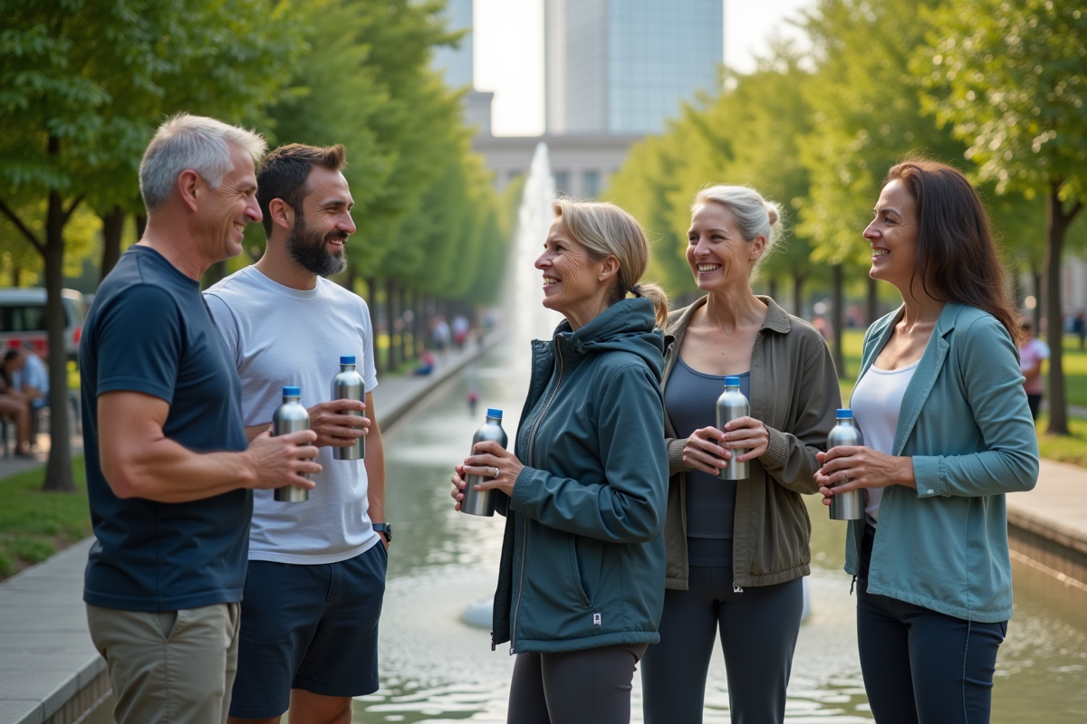 Groupe divers d adultes avec bouteilles d eau dans un parc urbain