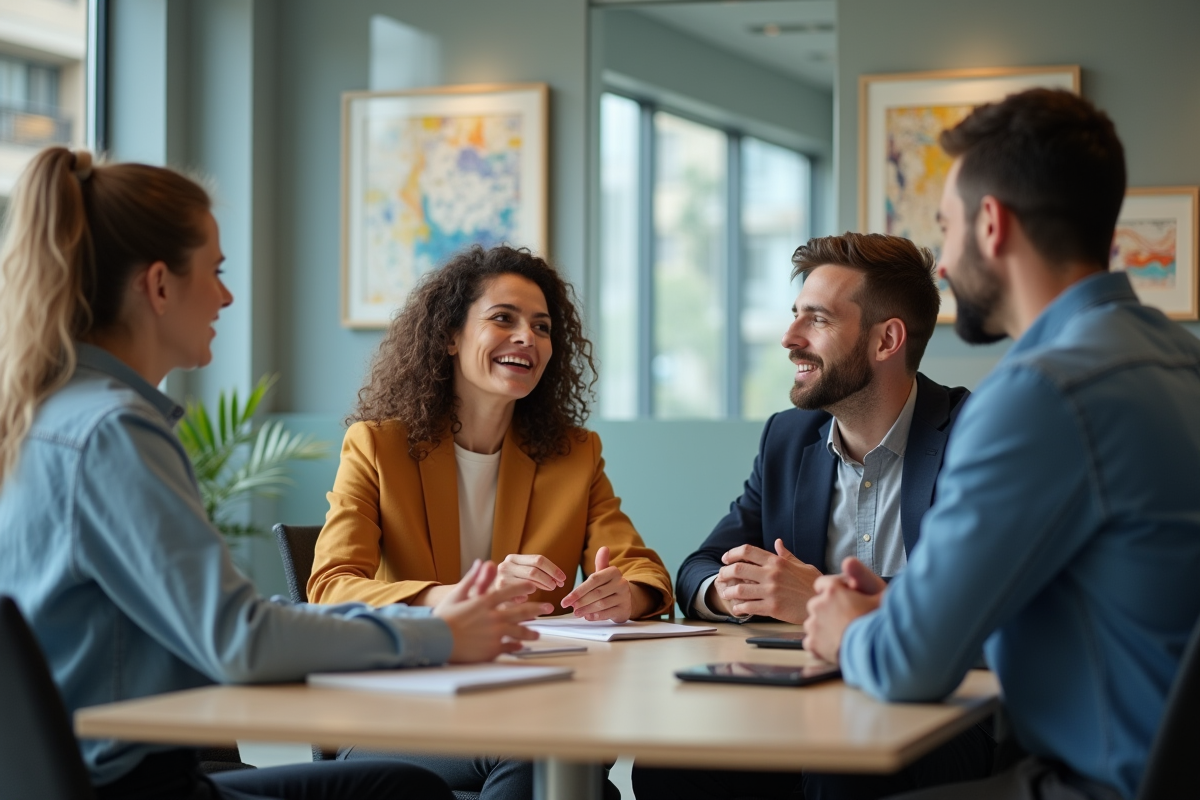 Groupe de quatre adultes discutant en réunion sur la sante mentale