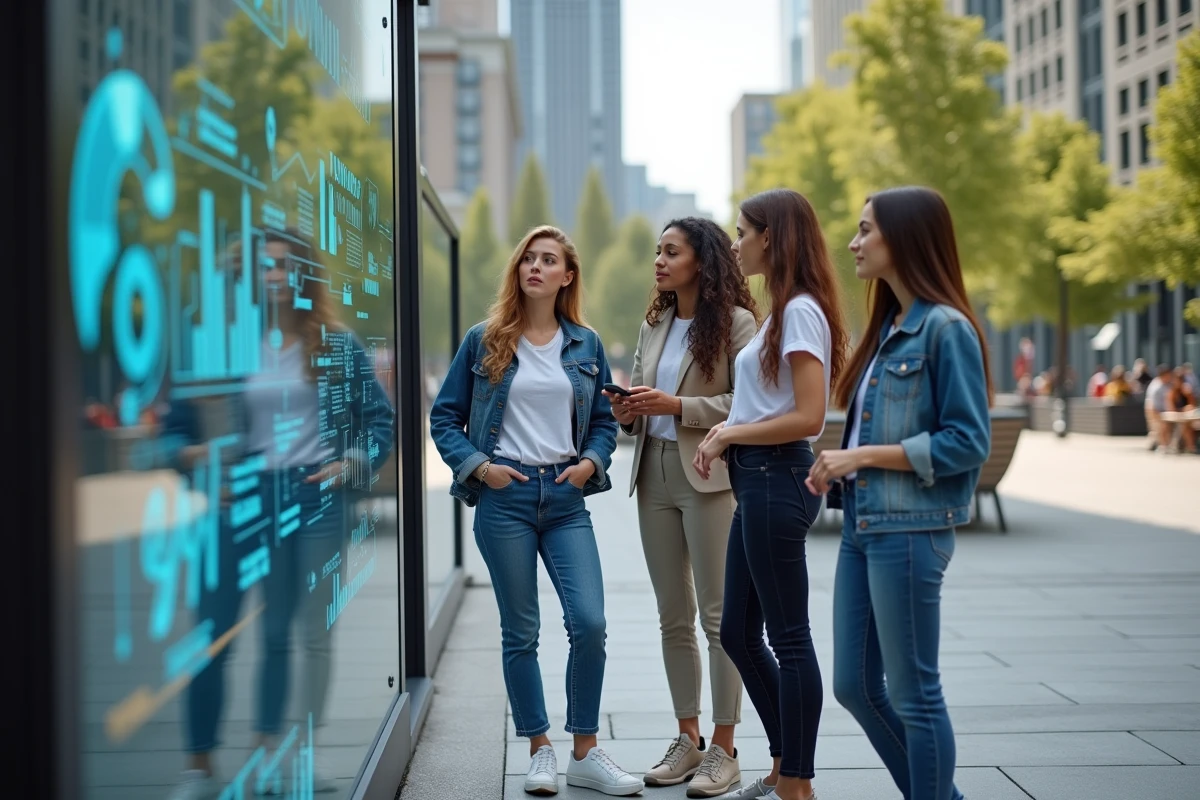 Groupe de jeunes discutant devant une installation futuriste en ville