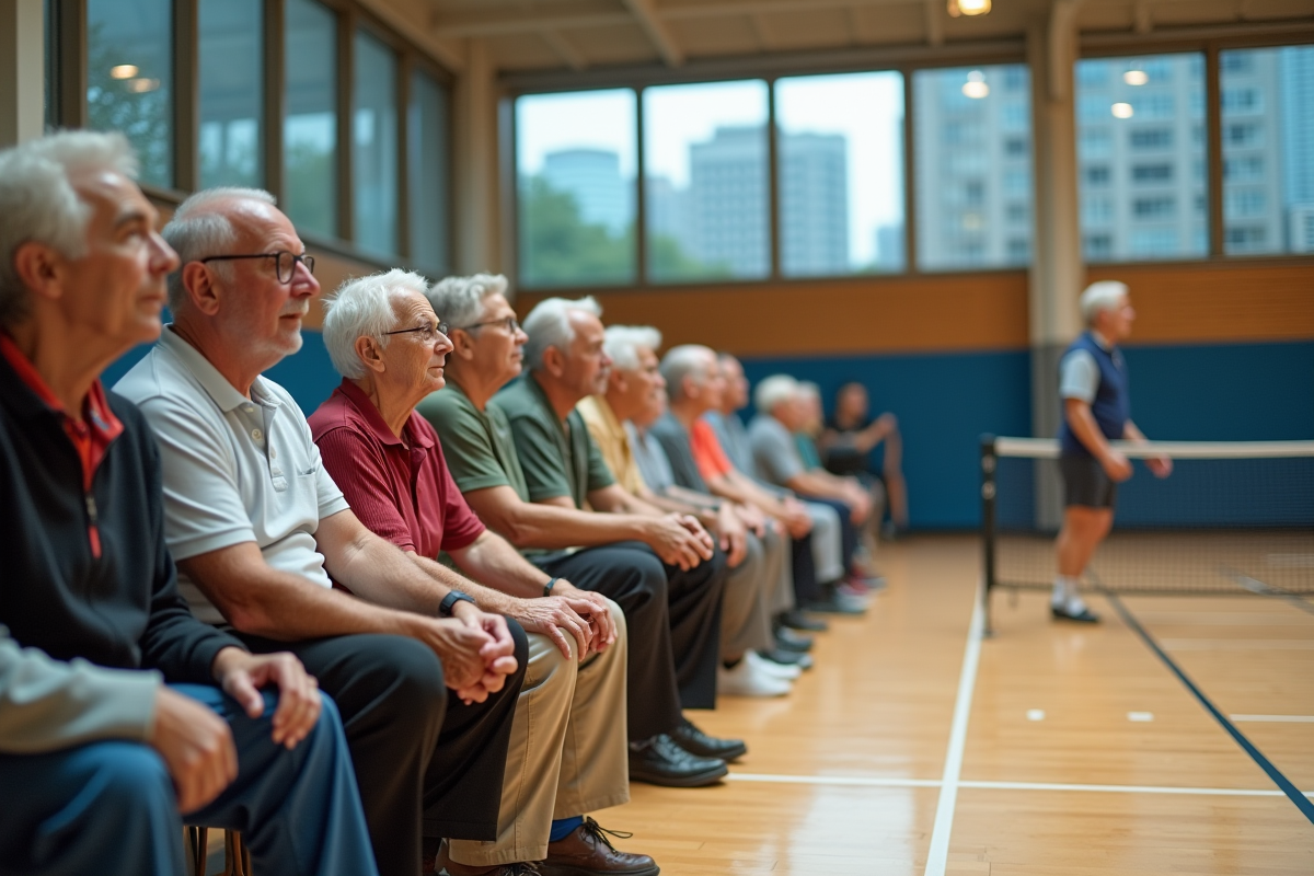 Groupe de seniors regardant un match de pickleball en intérieur