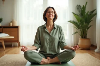 Femme pratiquant la méditation chez elle pour soulager les symptômes de la maladie de Ménière grâce à une approche holistique