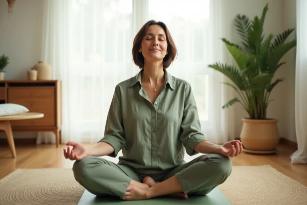 Femme pratiquant la méditation chez elle pour soulager les symptômes de la maladie de Ménière grâce à une approche holistique