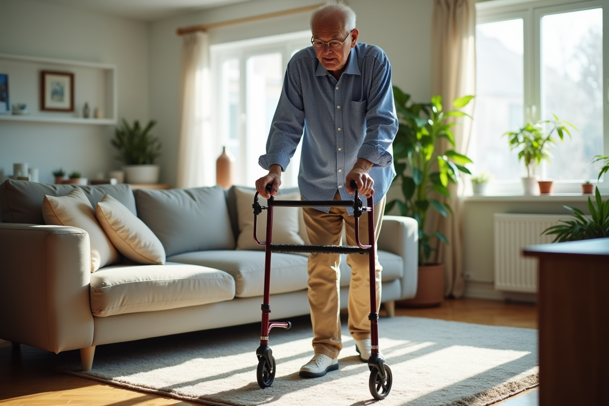 Homme age utilise un marcheur dans le salon
