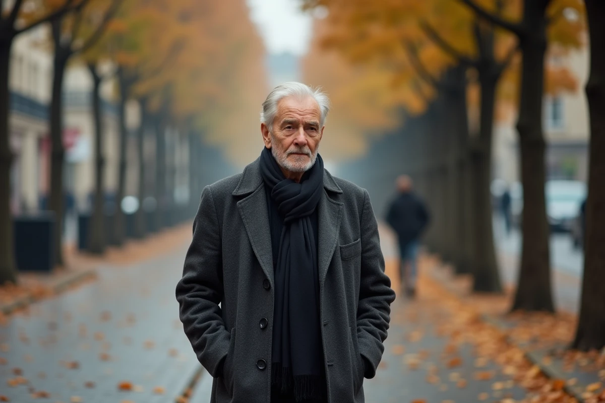 Homme senior en manteau élégant marchant sur un boulevard parisien en automne parmi les feuilles mortes