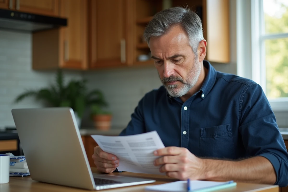 Homme lisant attentivement l'emballage d'un produit minceur à la cuisine tout en consultant des avis en ligne sur son ordinateur