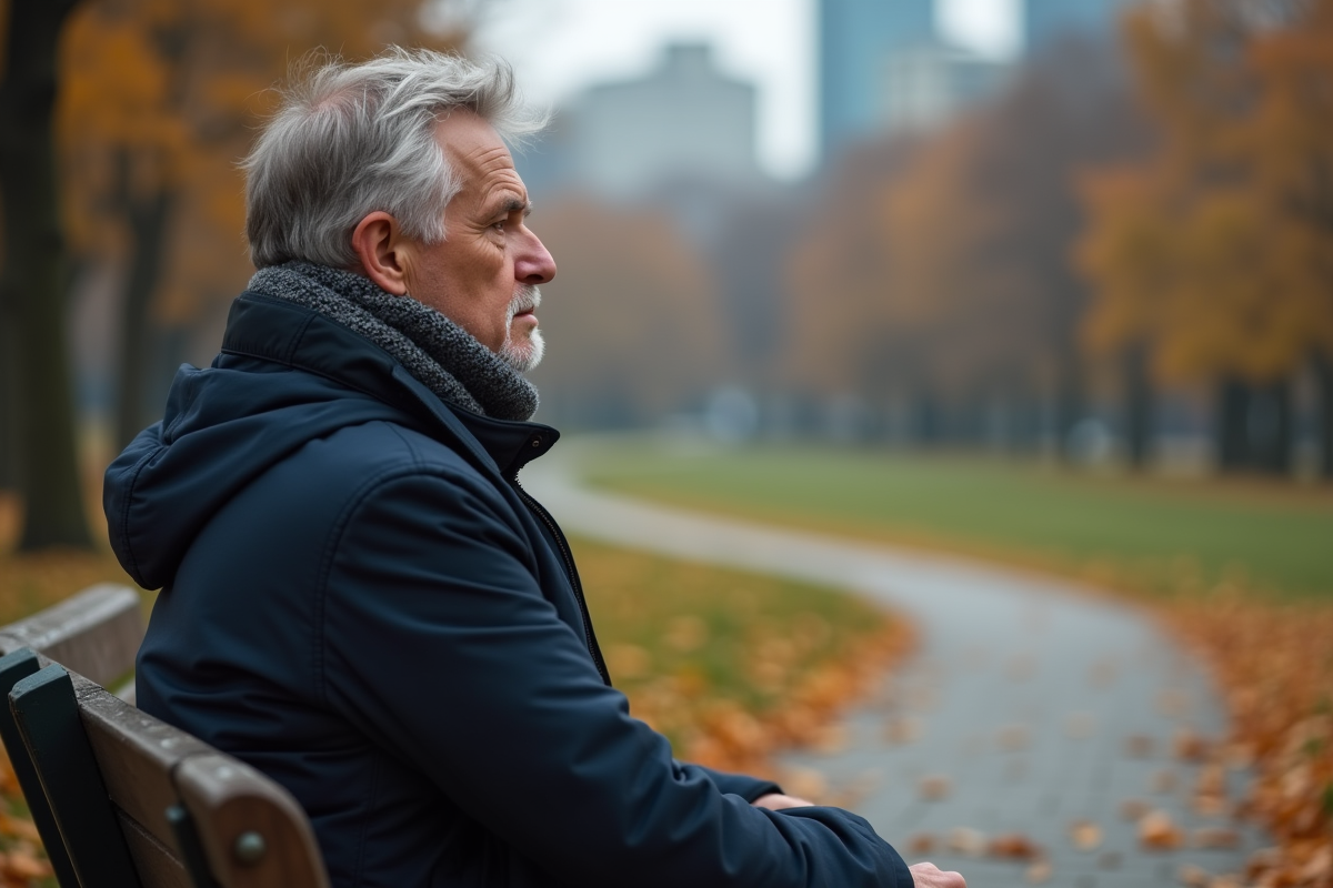 Homme assis sur un banc dans un parc en automne