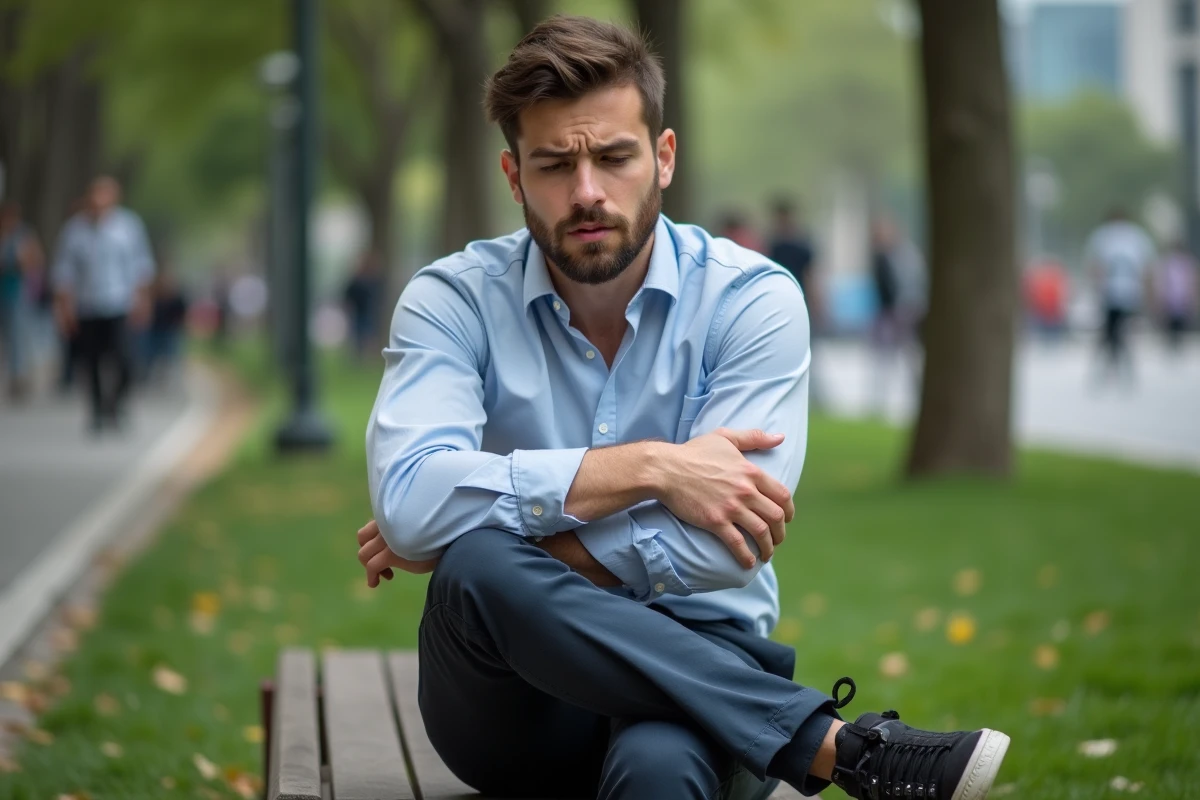 Jeune homme assis sur un banc dans un parc urbain
