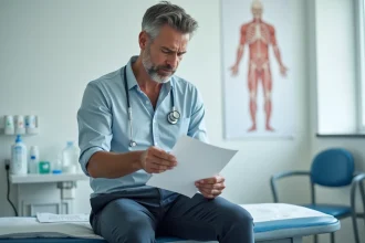 Homme d'âge moyen en consultation médicale avec document