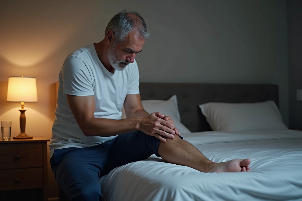Homme massant son mollet la nuit assis au bord du lit en raison d'une crampe nocturne dans la jambe